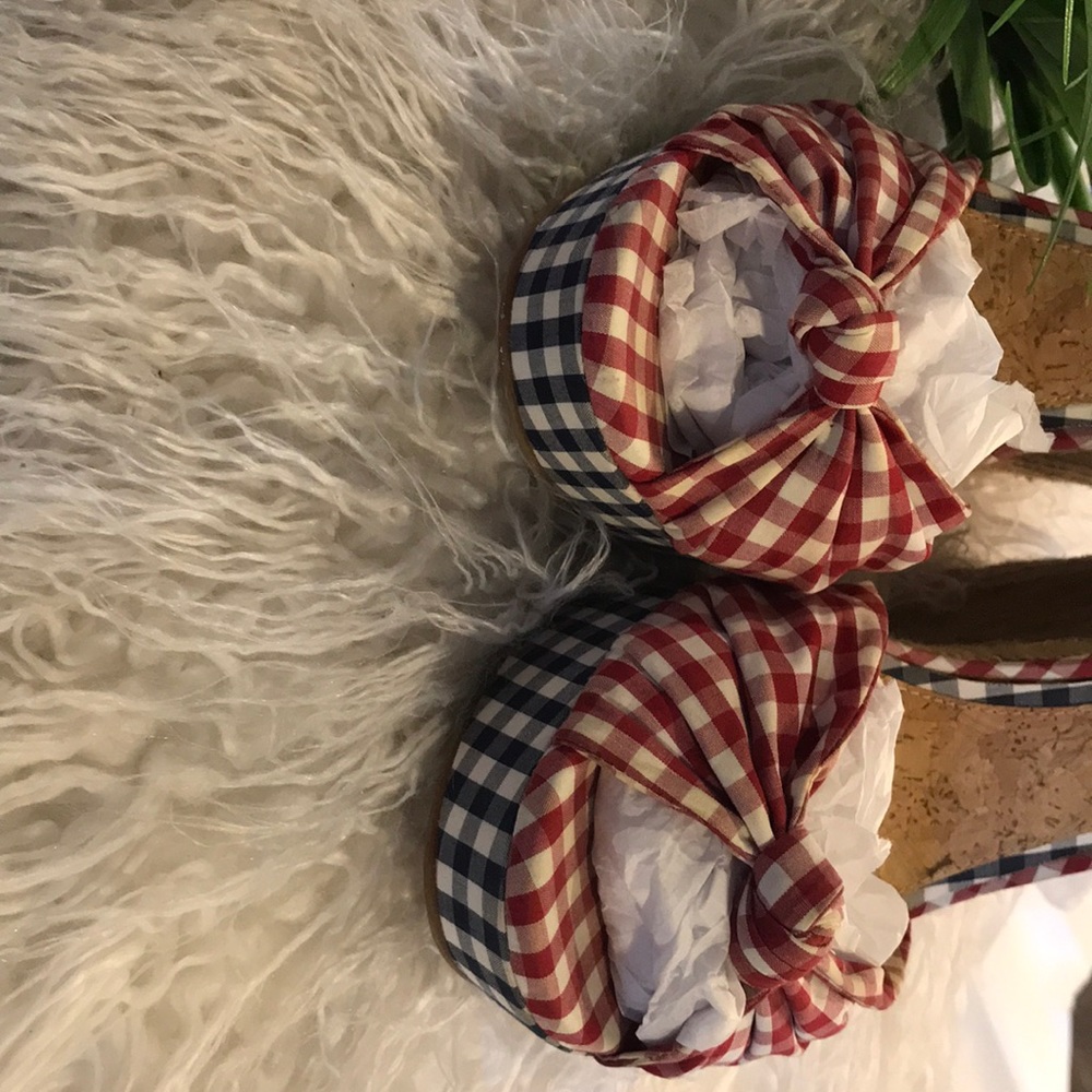 GIANNI BINI Red/Blue Checkered Ankle Wrap Wedges - Picture 4 of 7